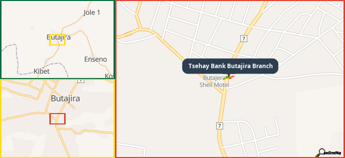 Map showing the address of Tsehay Bank Butajira Branch in three different zoom levels.