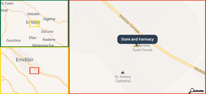 Map showing the address of Store and Farmacy in three different zoom levels.