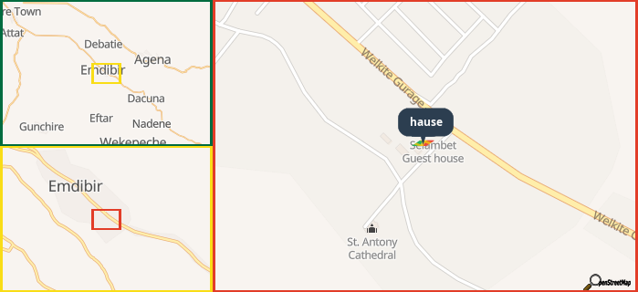 Map showing the address of hause in three different zoom levels.