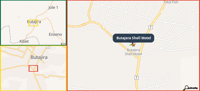 Map showing the address of Butajera Shell Motel in three different zoom levels.