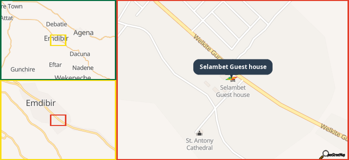 Map showing the address of Selambet Guest house in three different zoom levels.