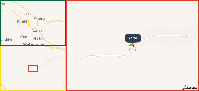 Map showing the address of Yeror in three different zoom levels.