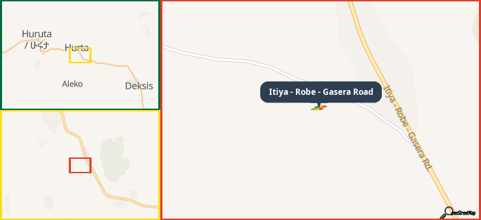 Map showing the address of Itiya - Robe - Gasera Road in three different zoom levels.