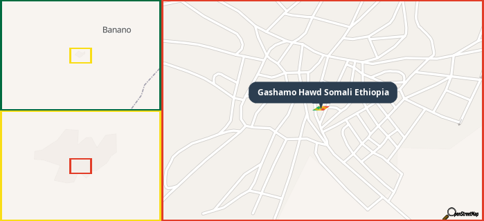 Map showing the address of Gashamo Hawd Somali Ethiopia in three different zoom levels.
