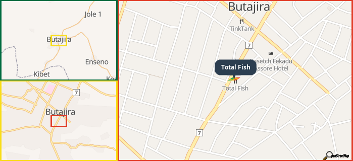 Map showing the address of Total Fish in three different zoom levels.