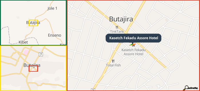 Map showing the address of Kasetch Fekadu Assore Hotel in three different zoom levels.