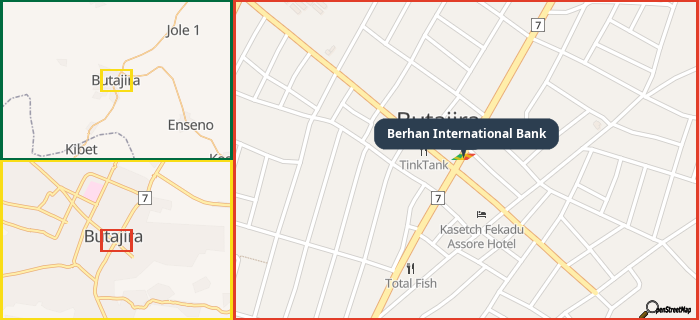 Map showing the address of Berhan International Bank in three different zoom levels.