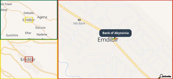 Map showing the address of Bank of Abyssinia in three different zoom levels.