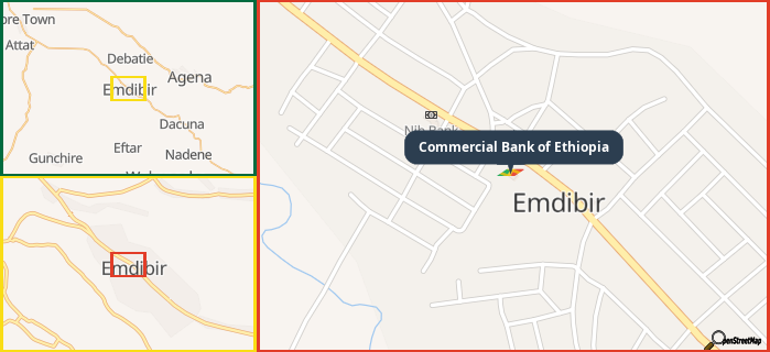 Map showing the address of Commercial Bank of Ethiopia in three different zoom levels.