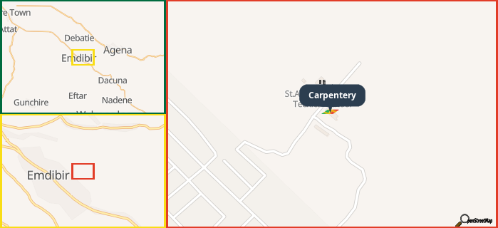 Map showing the address of Carpentery in three different zoom levels.