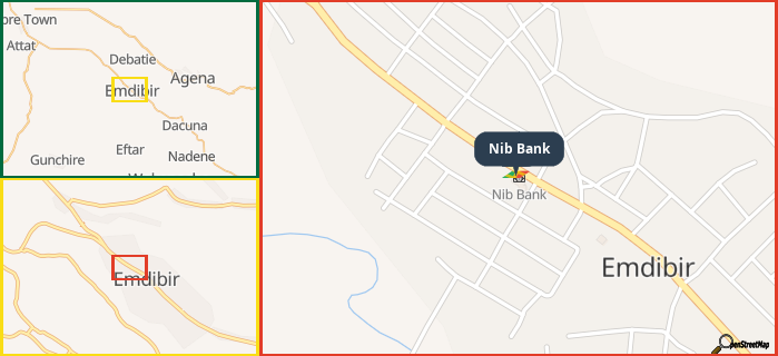 Map showing the address of Nib Bank in three different zoom levels.