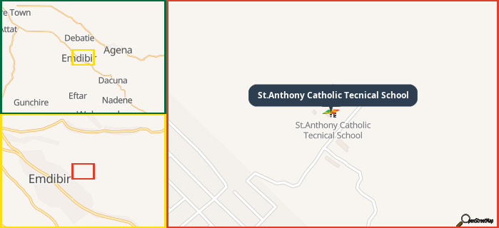 Map showing the address of St.Anthony Catholic Tecnical School in three different zoom levels.
