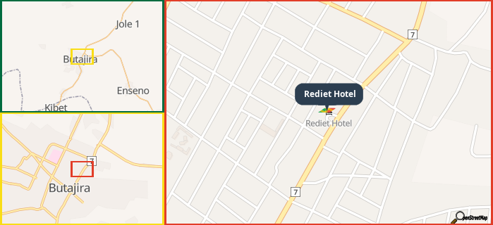 Map showing the address of Rediet Hotel in three different zoom levels.