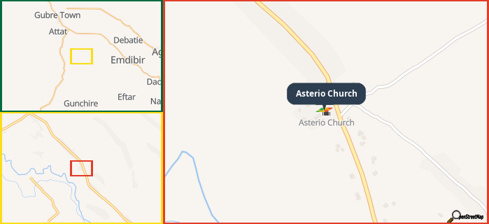 Map showing the address of Asterio Church in three different zoom levels.