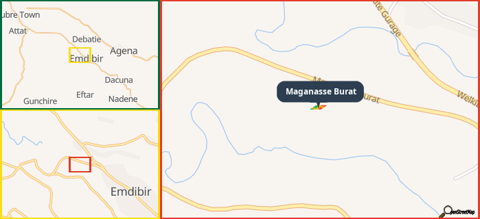 Map showing the address of Maganasse Burat in three different zoom levels.