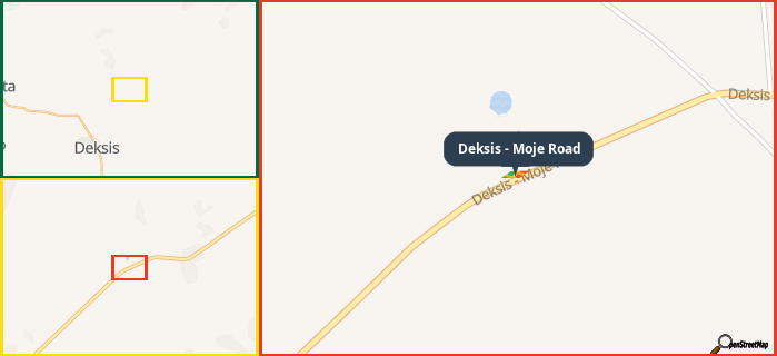 Map showing the address of Deksis - Moje Road in three different zoom levels.