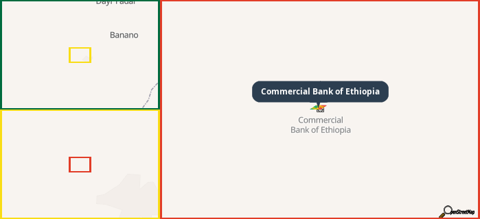 Map showing the address of Commercial Bank of Ethiopia in three different zoom levels.