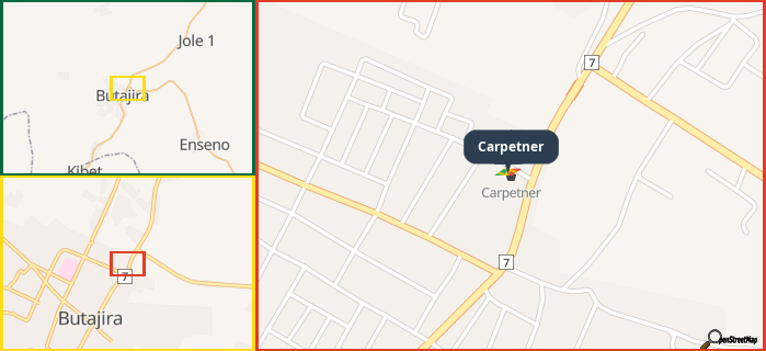 Map showing the address of Carpetner in three different zoom levels.