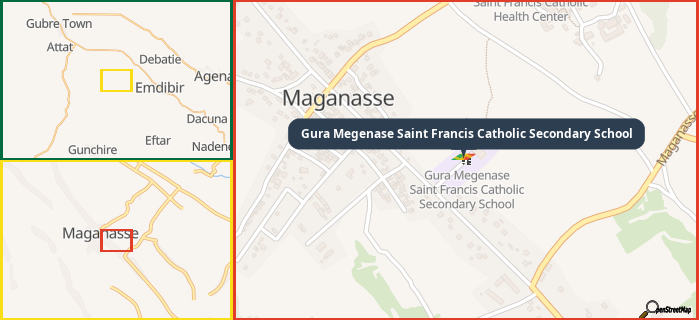 Map showing the address of Gura Megenase Saint Francis Catholic Secondary School in three different zoom levels.