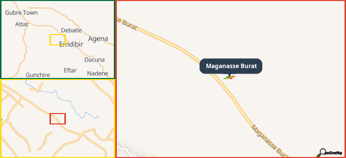 Map showing the address of Maganasse Burat in three different zoom levels.