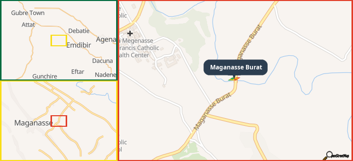 Map showing the address of Maganasse Burat in three different zoom levels.