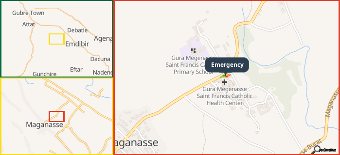 Map showing the address of Emergency in three different zoom levels.