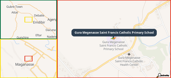 Map showing the address of Gura Megenasse Saint Francis Catholic Primary School in three different zoom levels.