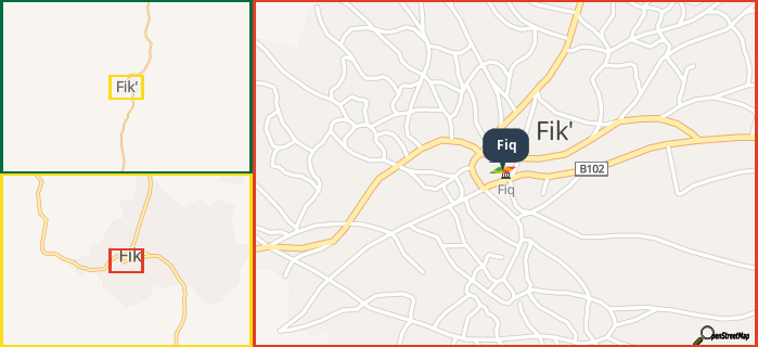 Map showing the address of Fiq in three different zoom levels.