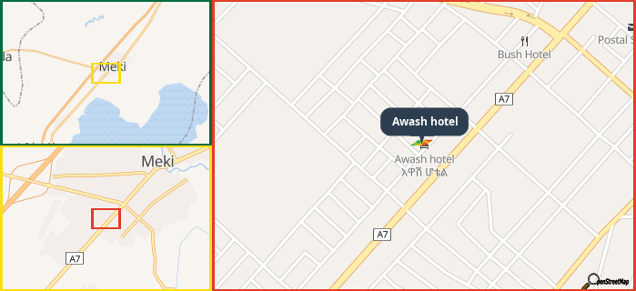 Map showing the address of Awash hotel in three different zoom levels.
