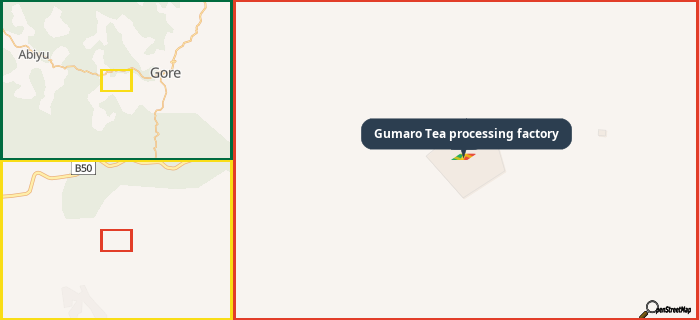 Map showing the address of Gumaro Tea processing factory in three different zoom levels.