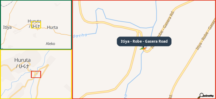 Map showing the address of Itiya - Robe - Gasera Road in three different zoom levels.