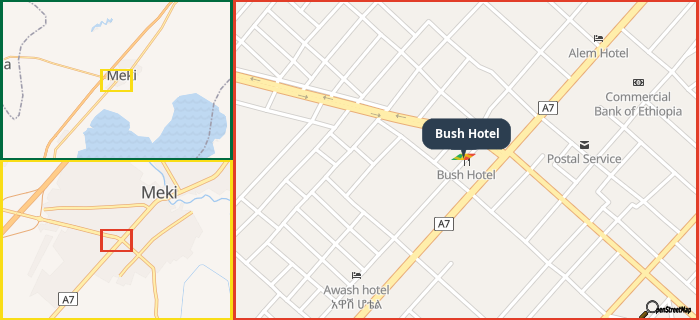 Map showing the address of Bush Hotel in three different zoom levels.