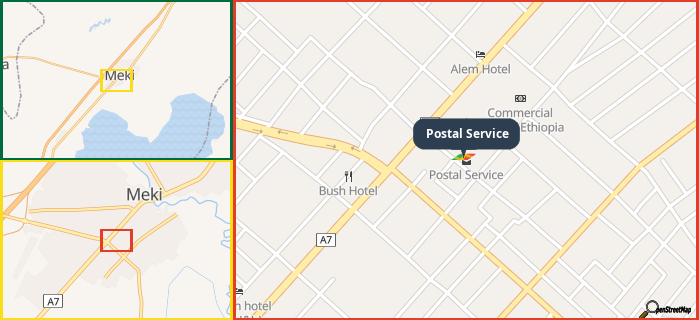 Map showing the address of Postal Service in three different zoom levels.