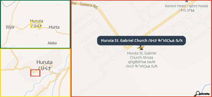Map showing the address of Huruta St. Gabriel Church /ሁሩታ ቅ/ገብርኤል ቤ/ክ in three different zoom levels.