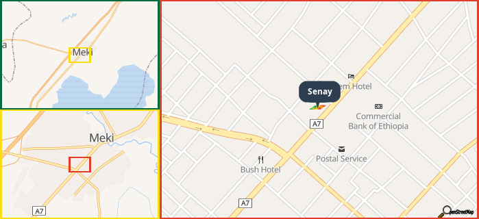 Map showing the address of Senay in three different zoom levels.