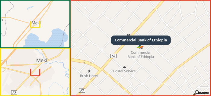 Map showing the address of Commercial Bank of Ethiopia in three different zoom levels.