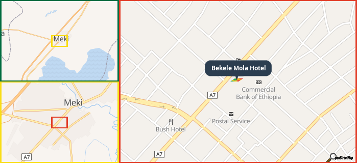 Map showing the address of Bekele Mola Hotel in three different zoom levels.