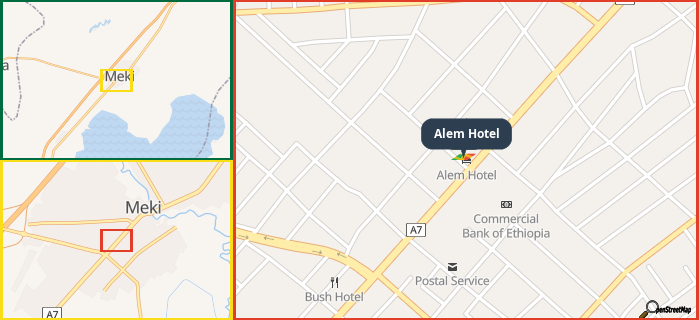 Map showing the address of Alem Hotel in three different zoom levels.