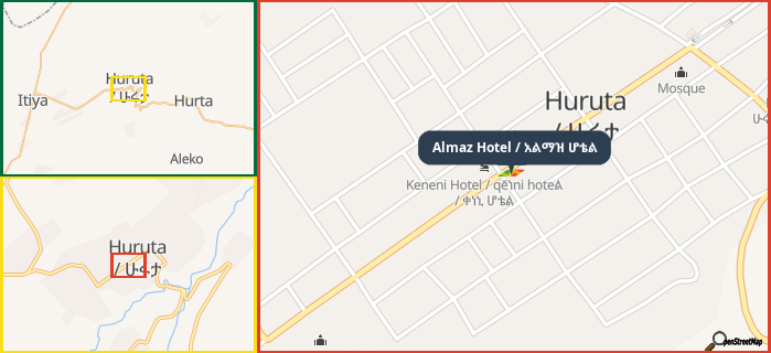 Map showing the address of Almaz Hotel / አልማዝ ሆቴል in three different zoom levels.