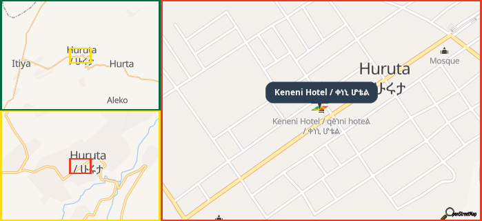 Map showing the address of Keneni Hotel / ቀነኒ ሆቴል in three different zoom levels.