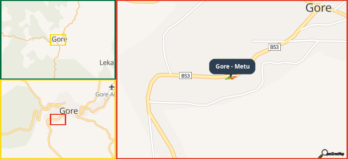 Map showing the address of Gore - Metu in three different zoom levels.