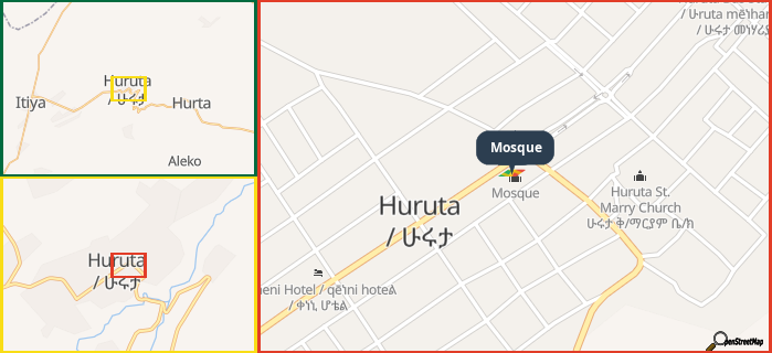 Map showing the address of Mosque in three different zoom levels.