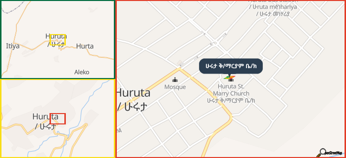 Map showing the address of ሁሩታ ቅ/ማርያም ቤ/ክ in three different zoom levels.