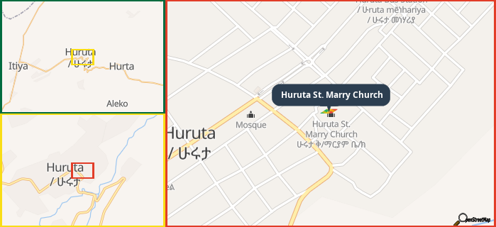 Map showing the address of Huruta St. Marry Church in three different zoom levels.