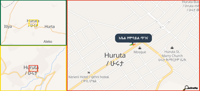 Map showing the address of አቤል የሞባይል ጥገና in three different zoom levels.