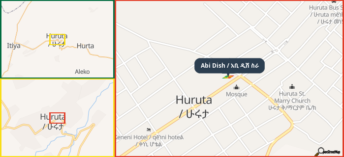 Map showing the address of Abi Dish / አቢ ዲሽ ስራ in three different zoom levels.