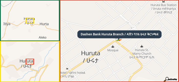 Map showing the address of Dashen Bank Huruta Branch / ዳሽን ባንክ ሁሩታ ቅርንጫፍ in three different zoom levels.