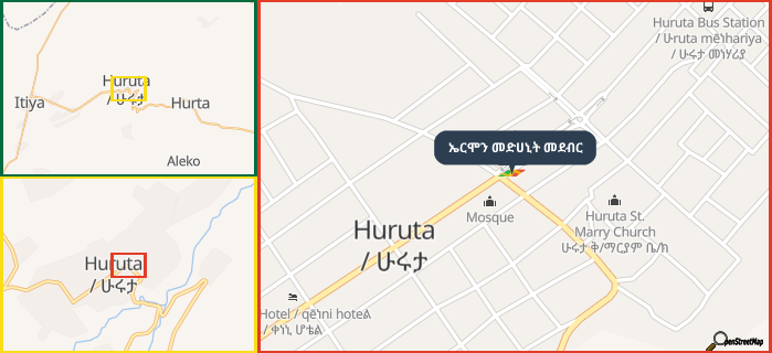 Map showing the address of ኤርሞን መድሀኒት መደብር in three different zoom levels.