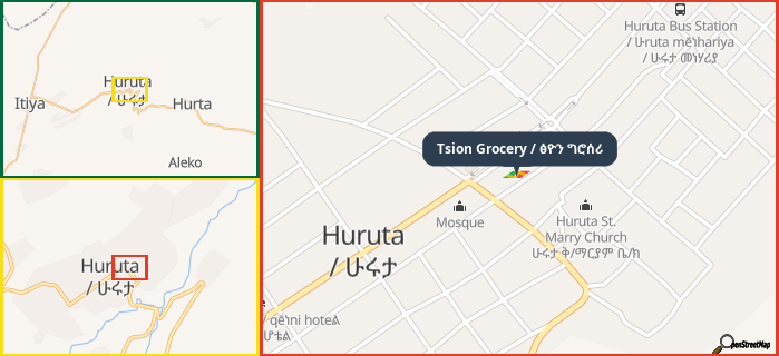 Map showing the address of Tsion Grocery / ፅዮን ግሮሰሪ in three different zoom levels.