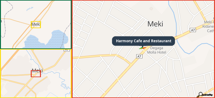 Map showing the address of Harmony Cafe and Restaurant in three different zoom levels.